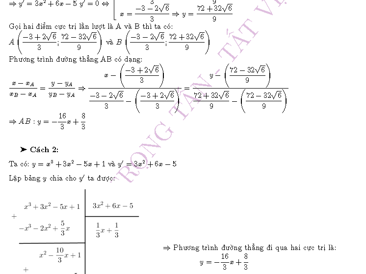 Phương trình đường thẳng đi qua 2 điểm cực trị